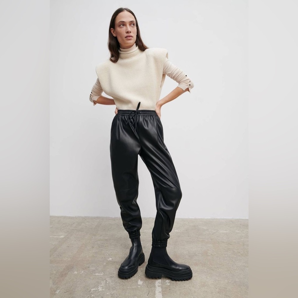 HKR - Black Faux Leather Joggers | Vegan Leather Minimalist | Sleek Pull-on